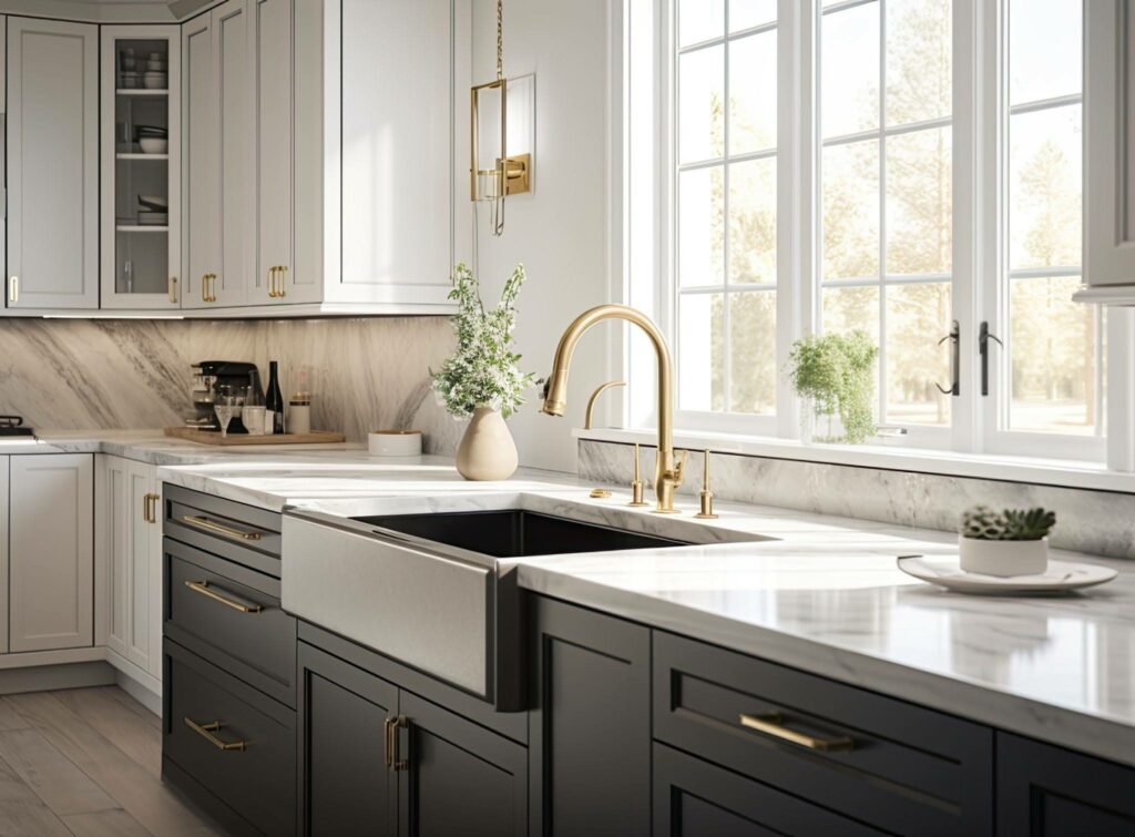 bright kitchen with painted cabinets marble countertops farmhouse sink gold faucet large window natural light central kentucky kitchen design