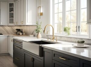 bright kitchen with painted cabinets marble countertops farmhouse sink gold faucet large window natural light central kentucky kitchen design