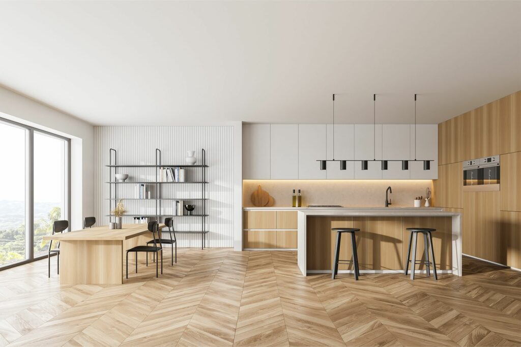 contemporary kitchen with light wood cabinets white upper cabinets herringbone hardwood flooring and large waterfall island