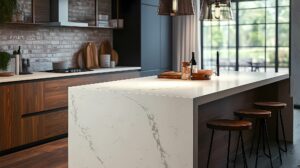 modern kitchen with waterfall quartz island dark wood cabinets white subway tile backsplash and contemporary pendant lighting