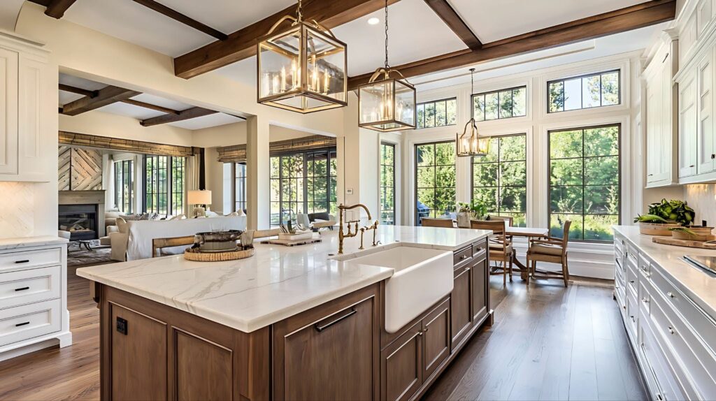 transitional kitchen with white perimeter cabinets wood island quartz countertops hardwood flooring and large windows