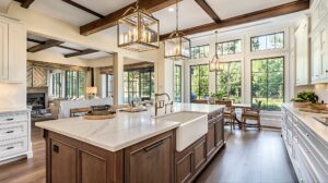 transitional kitchen with white perimeter cabinets wood island quartz countertops hardwood flooring and large windows