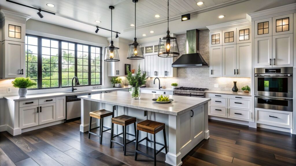 white shaker kitchen cabinets with quartz countertops large island black pendant lights and dark hardwood flooring