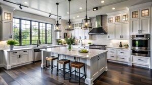 white shaker kitchen cabinets with quartz countertops large island black pendant lights and dark hardwood flooring