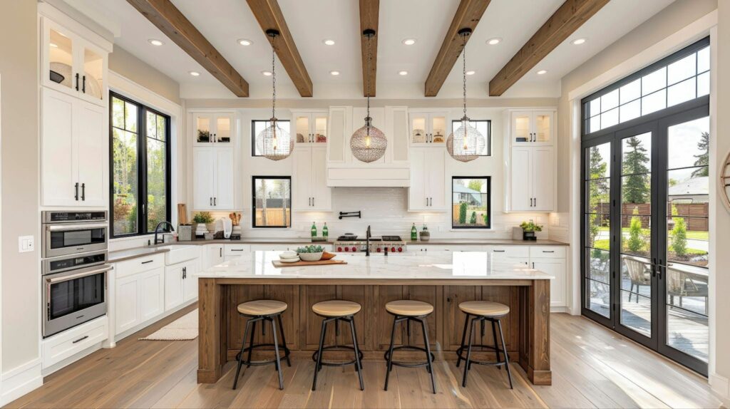 white kitchen cabinets wood island quartz countertops wide plank flooring and open concept design